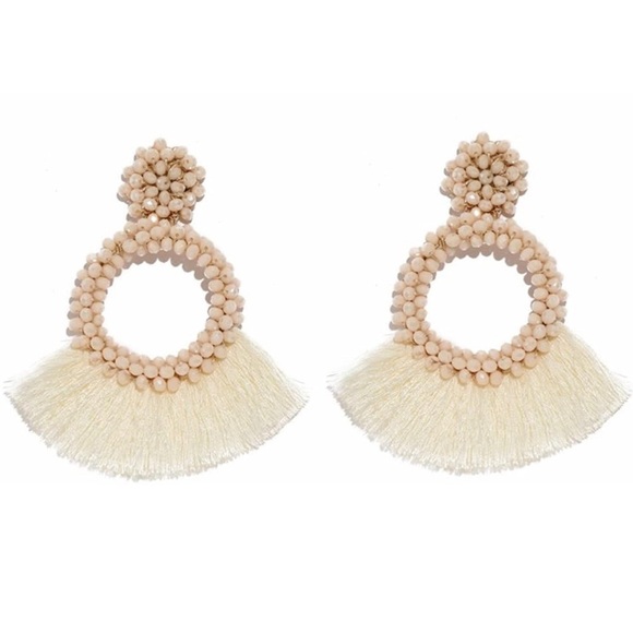 Boutique Jewelry - Beige beaded fan fringe tassel earrings